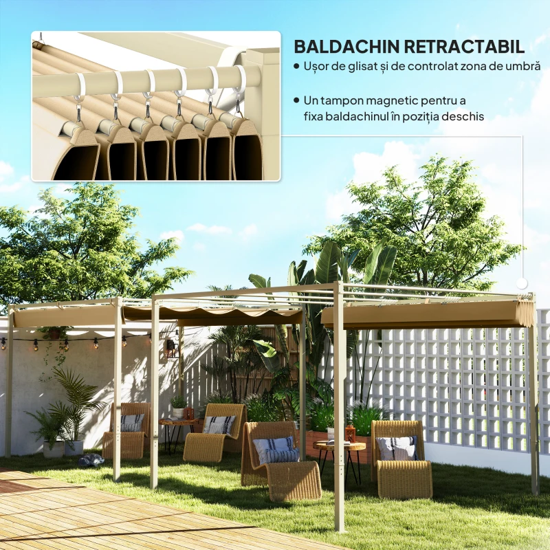 Outsunny Pergolă de Grădină cu Acoperiș Retractabil și Sistem de Prindere Magnetic, 298x297x221 cm, Kaki(m-4)