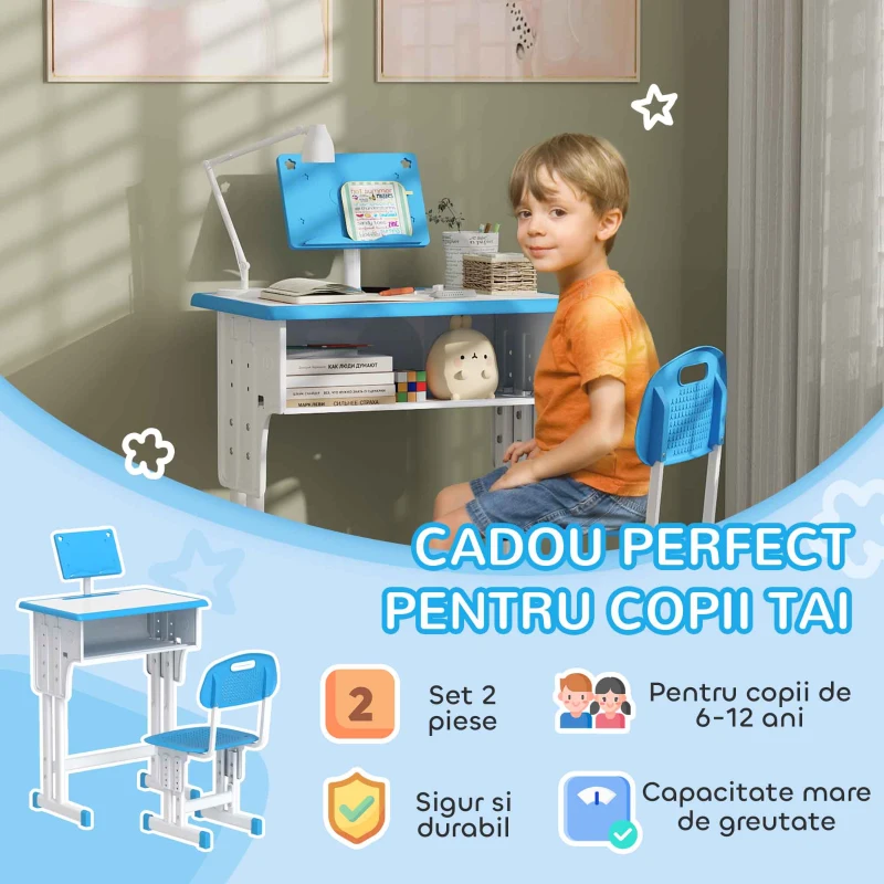HOMCOM Banca pentru Copii 6-12 Ani, cu inaltime Reglabila, Suport pentru Carti si Raft, 60x45x90-102 cm, Albastru