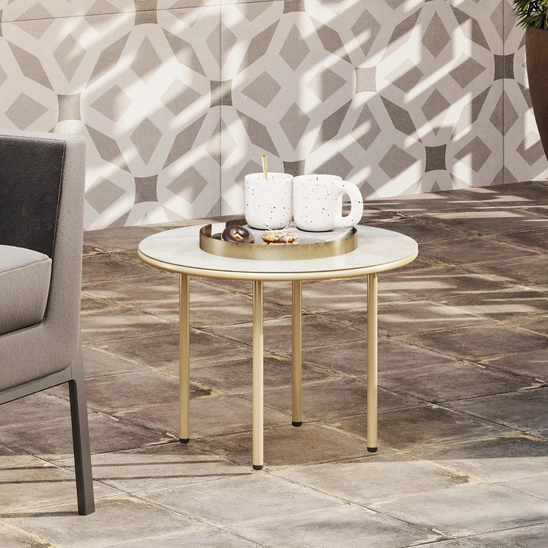 Outsunny Round Coffee Table, Modern End Side Table with Faux Marble Tempered Glass Top, Steel Frame for Living Room, Bedroom, Office, Beige