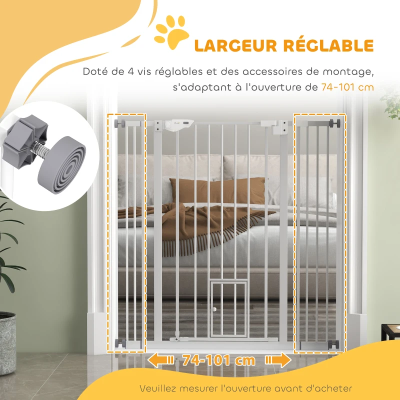 PawHut Barrière de sécurité animaux de 104,1H cm avec porte fermeture automatique système de double verrouillage blanc