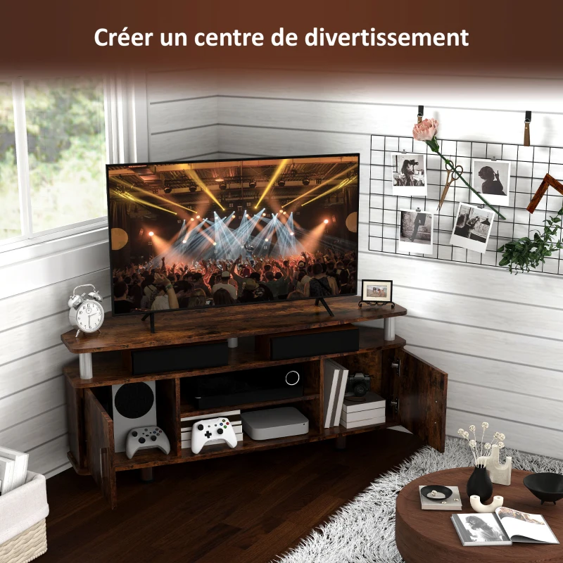 HOMCOM Meuble TV pour téléviseur jusqu'à 55 avec grand plateau, placards à portes et compartiment ouvert, marron