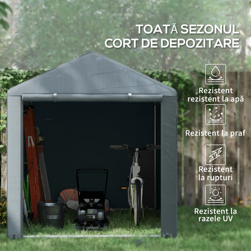 Outsunny Garaj pentru Motociclete, Bicilete sau Unelte de Exterior cu Intrare cu Fermoar, 160x218x172 cm, Gri Închis(m-4)