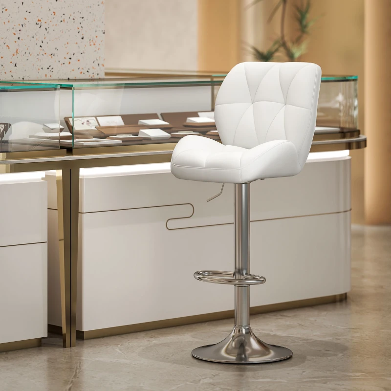 HOMCOM Scaun de Bar Pivotant cu Tapițerie din Piele Artificială, Scaun de Bucătărie cu Spătar și Înălțime Reglabilă, 47x49x90-111 cm, Alb