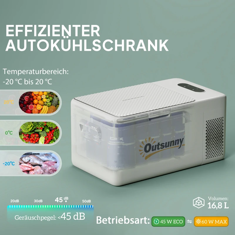 Outsunny 16,8 Liter Camping-Kühlschrank, Autokühlschrank, Kühlbox mit LED-Licht, AC- und DC-Adapter, leiser Betrieb, Cremeweiß(m-4)