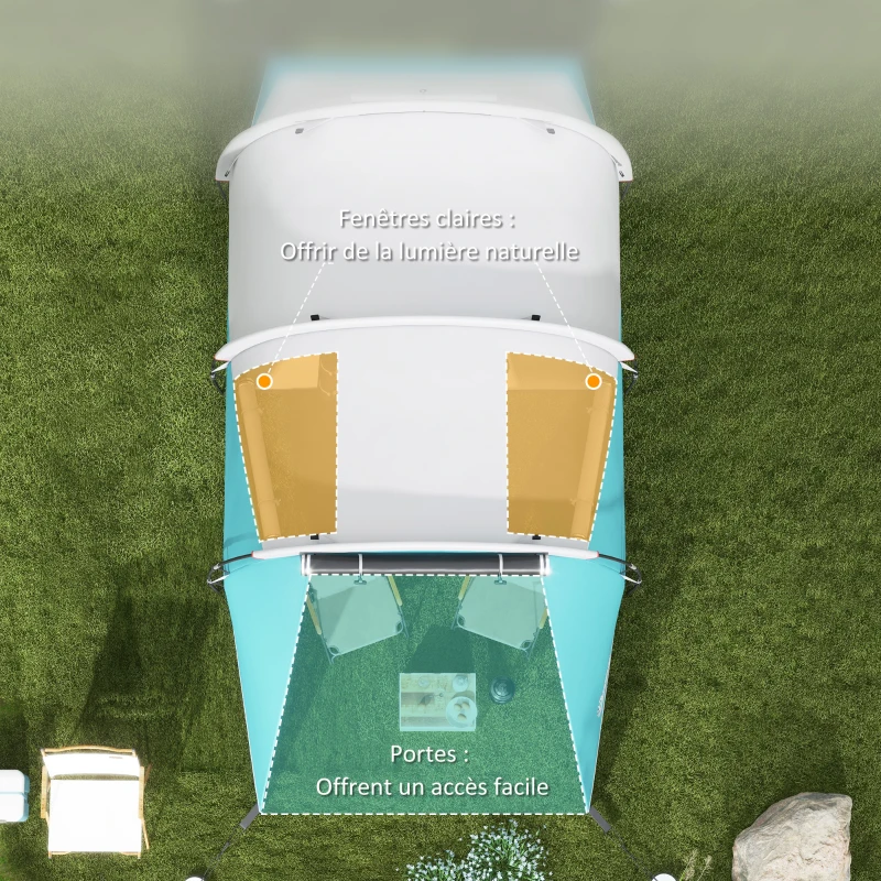 Outsunny Tente de camping familiale 3 personnes, tente tunnel imperméable, 2 portes fenêtres, ventilée 4,6 x 2,6 x 1,9 m, bleu