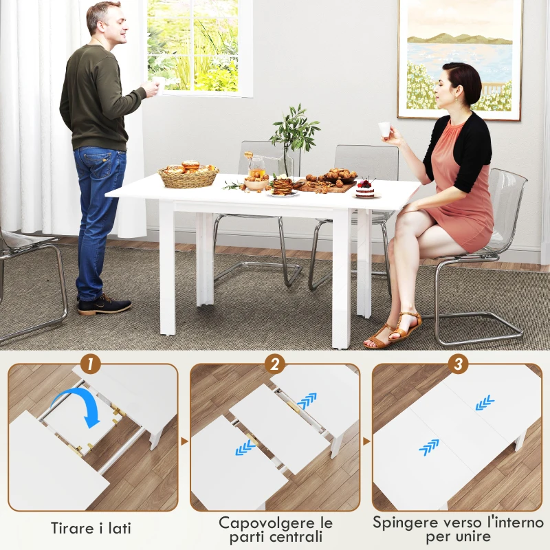 HOMCOM Tavolo da Pranzo Allungabile per 4-6 Persone con Pannelli a Ribalta, in Legno, 120-160x80x78 cm, Bianco