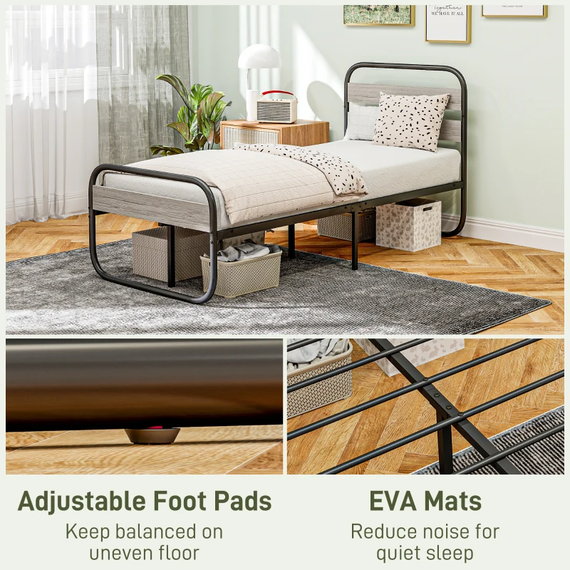 HOMCOM 3ft Single Bed Frame, Industrial Style Metal Platform Bed Frame with Under Bed Storage, No Box Spring Needed, Easy Assembly, Grey(m-6)