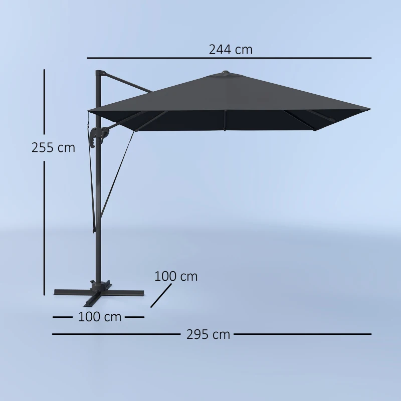 Outsunny Ombrellone da Giardino 2.5x2.5 m a Braccio, Girevole a 360° con Manovella e Base a Croce, Grigio Scuro