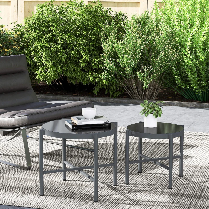 Outsunny Lot de 2 tables basse gigogne de jardin tables basses de jardin avec plateau en verre trempé, cadre en aluminium noir
