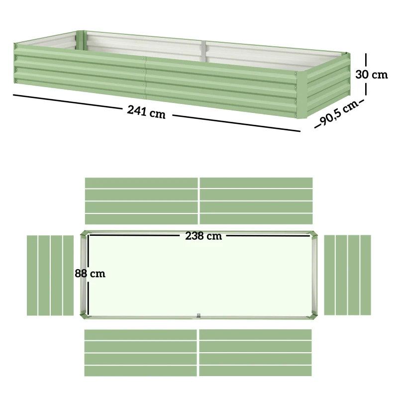 Outsunny Podwyższone Grządki Ogrodowe z Stali, Otwarte Dno, Łatwy Montaż, 241 dł. x 90,5 szer. x 30 wys. cm, Zielony