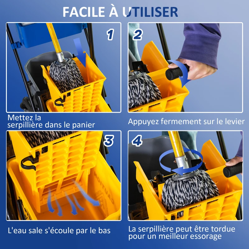 HOMCOM Chariot de ménage chariot de lavage essoreuse latérale seau 26 L + panier de rangements 78 x 45 x 95 cm jaune