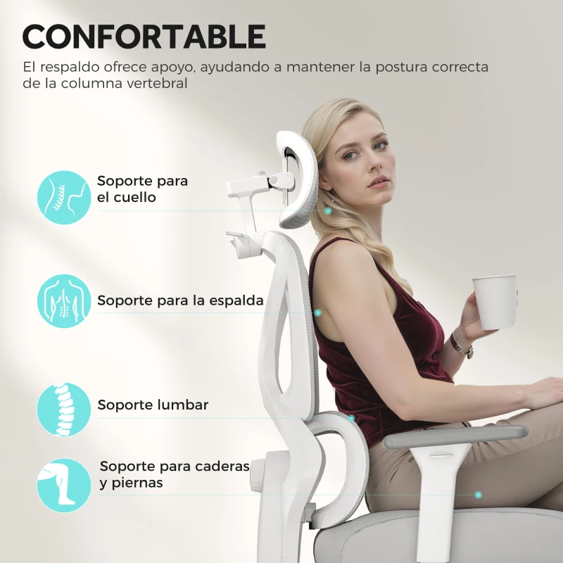 HOMCOM Silla de Escritorio de Malla Reclinable con Reposacabezas Giratoria Soporte Lumbar Reposapiés y Altura Regulable Gris