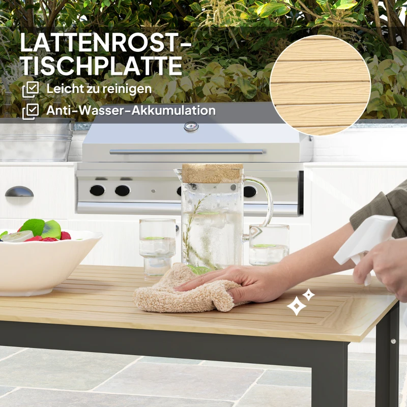 Outsunny Tuintafel Metaal 175x78 cm Weerbestendig Balkontafel met Houtlook, Anti-slip Eettafel Zwart