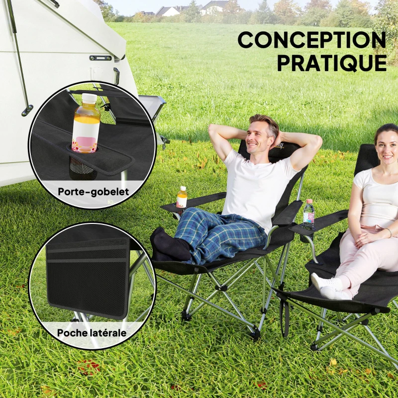Outsunny Lot de 2 chaises de camping pliante inclinable avec repose-pieds, sac de rangement, porte-gobelet et appui-tête, noir