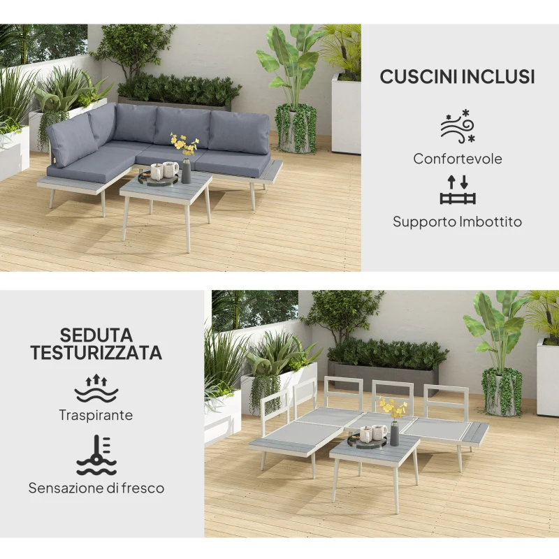 Outsunny Salotto da Giardino con 2 Divani con Cuscini, Schienale Regolabile a 5 Livelli e Tavolino a Doghe, Grigio