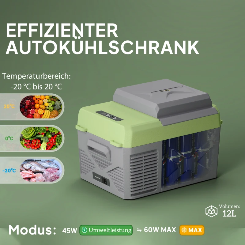 Outsunny 12 Liter Compressor Koelbox Elektrische Koelbox met Anschluss Koel- en Vriesfunctie Grijs+Groen