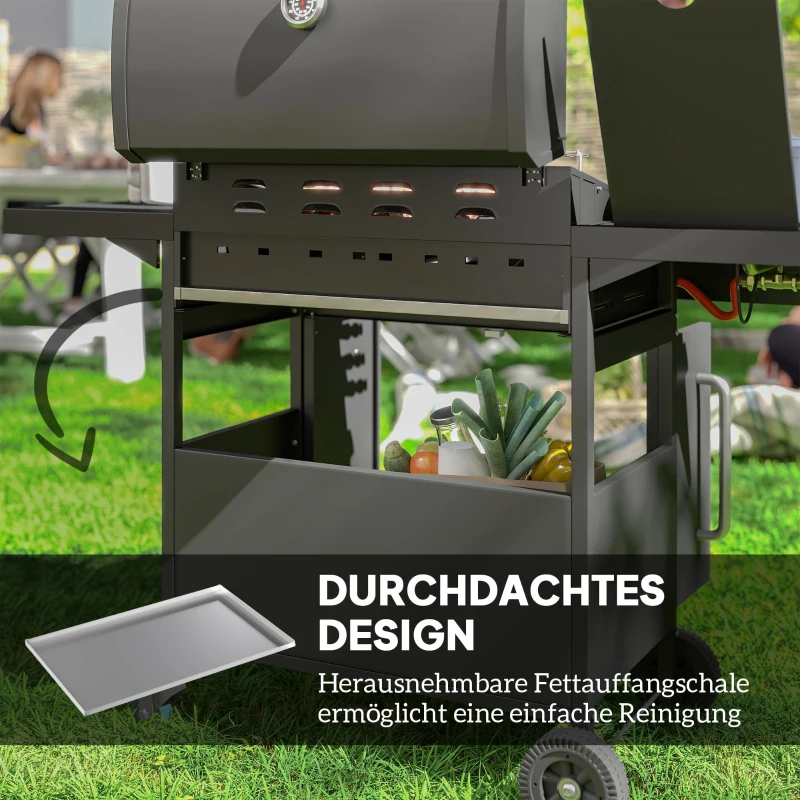 Outsunny Gasgrill 15,2 KW Grillwagen inkl 5 Edelstahl-Brenner Rolle Seitenkocher 129,5 x 56 x 110 cm Schwarz