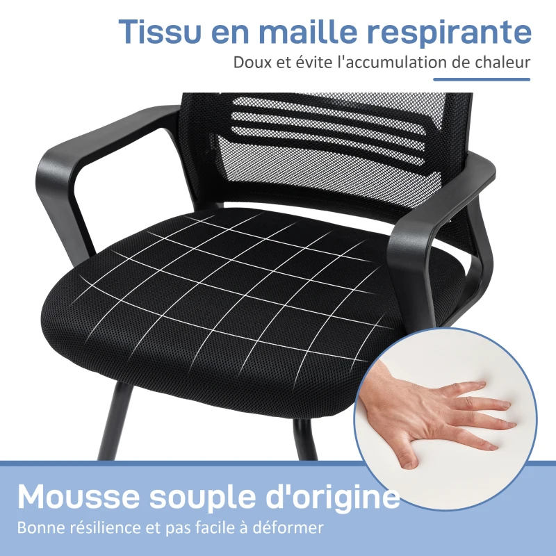 HOMCOM Chaise de bureau en maille sans roulettes, base en traîneau, pour salle de conférence, attente, réception, noir