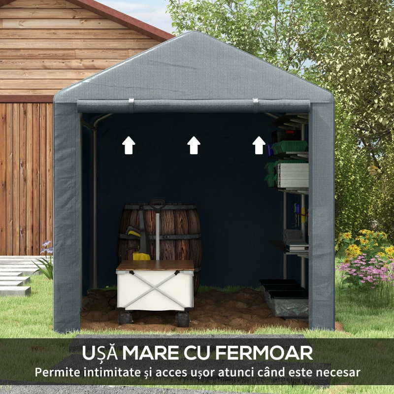 Outsunny Garaj pentru Motociclete, Bicilete sau Unelte de Exterior cu Intrare cu Fermoar, 160x218x172 cm, Gri Închis(m-6)