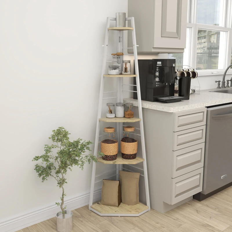 HOMCOM Five-Tier Corner Shelf - White/Wood-Effect
