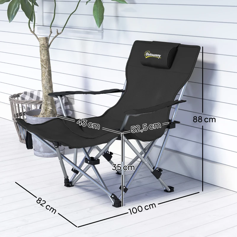 Outsunny Chaise de camping pliante fauteuil de pêche avec repose-pied amovible, appui-tête, porte-gobelet, sac de transport noir