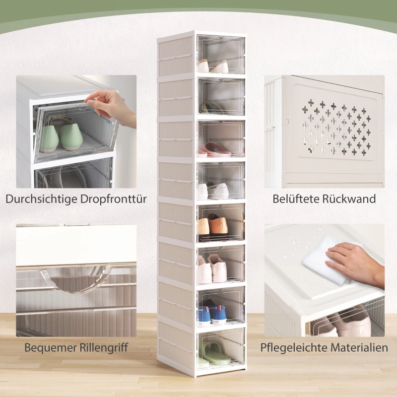 HOMCOM Regał na Buty 8-Poziomowy, Składany, z Wentylowanym Tyłem, Plastikowy, Biały