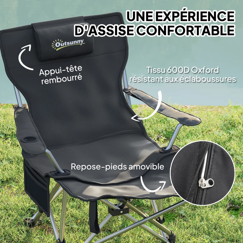 Outsunny Chaise de camping pliante fauteuil de pêche avec repose-pied amovible, appui-tête, porte-gobelet, sac de transport noir