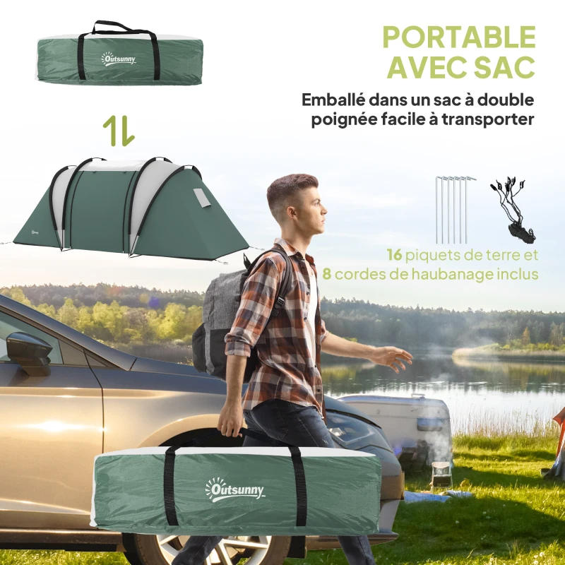 Outsunny Tente de camping familiale 4-5 personnes avec 2 chambres 3000 mm imperméable et ventilée, sac de transport, vert