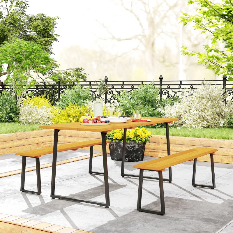 Outsunny 3-delige houten zitgroep voor 6 personen met eettafel en 2 banken, parasolgat, 178 x 76 x 77 cm, natuurlijk hout