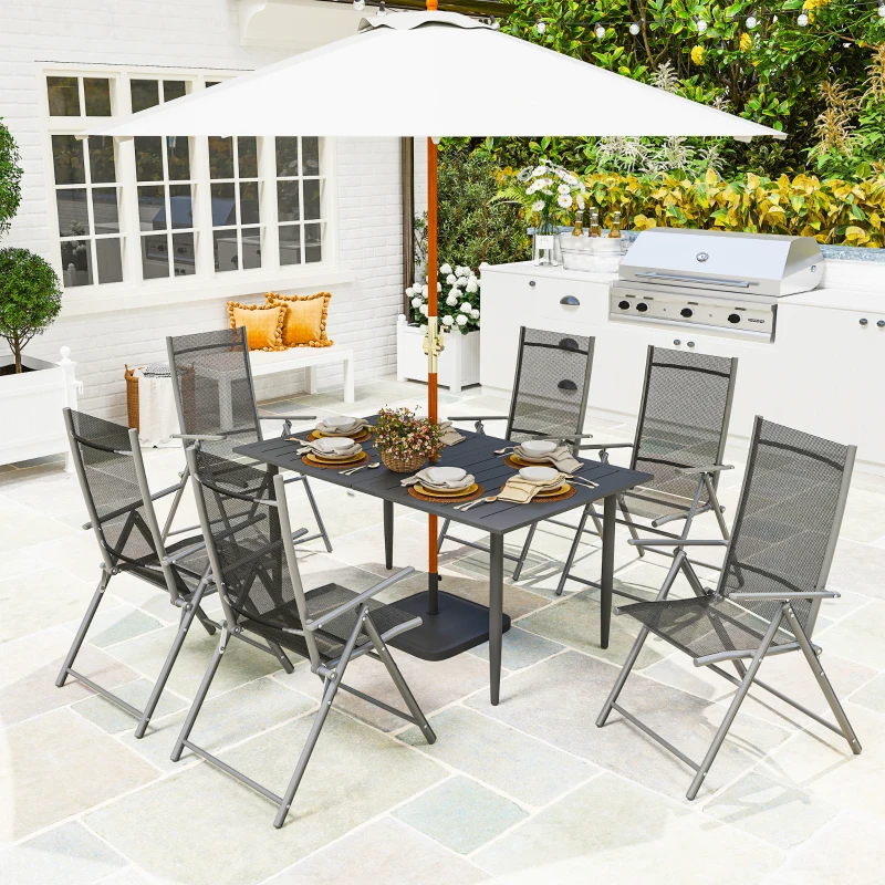 Outsunny Stół Ogrodowy 150x90cm, Odporny na Warunki Pogodowe Stół na Balkon ze Stali, z Otoworem na Parasol Czarny