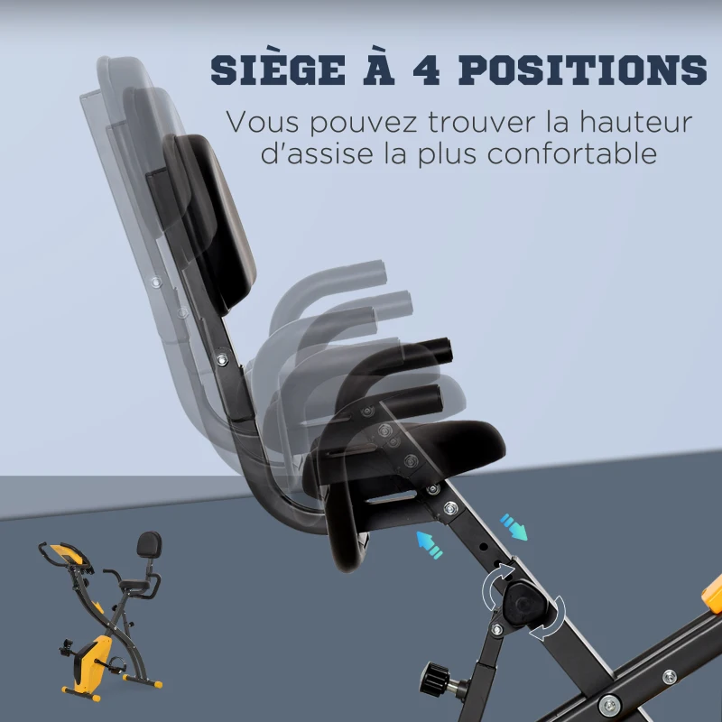 HOMCOM Vélo d'appartement pliable, vélo d'exercice, home traîner pour adultes, 8 niveaux de résistance magnétique, capteurs pouls main, écran LCD multifonction, selle réglable, acier, jaune, noir