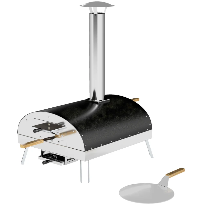 Outsunny Mini Forno de Pizza Exterior Portátil Forno a Lenha com Pedra Refratária Ø33 cm Termómetro e Bandeja Giratória 84x47x82 cm Prata