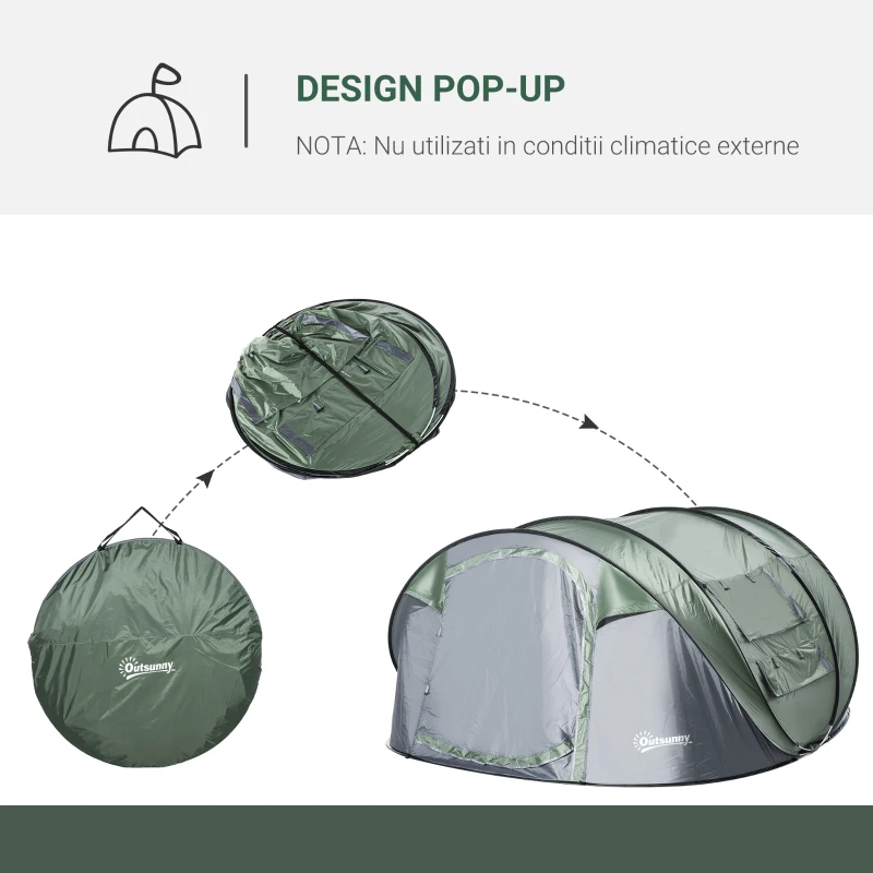 Outsunny Cort de Camping Pop Up pentru 2 Persoane cu 2 Uși, 4 Ferestre și Înveliș Impermeabil, 263.5x220x123 cm, Verde(m-4)