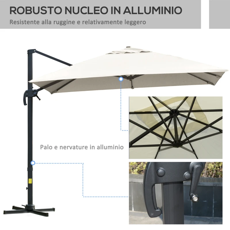 Outsunny Ombrellone a Sbalzo 3x3 m Inclinabile con Manovella e Base a Croce, in Acciaio e Poliestere, Bianco Crema
