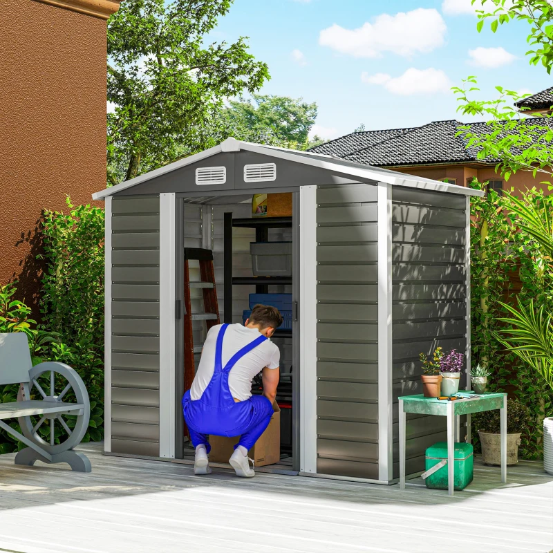 Outsunny Magazie de Grădină din Tablă de Oțel cu 4 Orificii de Ventilație și 2 Uși Glisante, 213x120x194 cm, Gri Închis(m-2)
