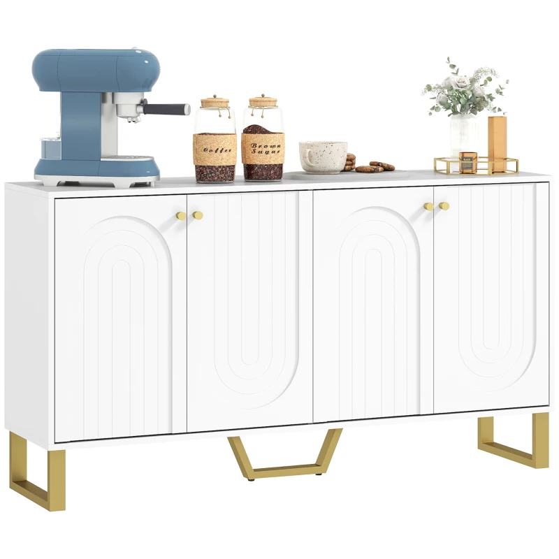 HOMCOM Aparador con 4 Puertas Arqueadas Estantes Ajustables y Patas Doradas 140,8x35x77,5 cm Blanco