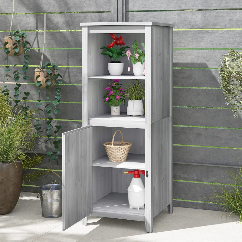 Outsunny Gartenschuppen mit Scheunentür, verstellbare Regale, schlankes Design, Tannenholz, Hellgrau(m-8)