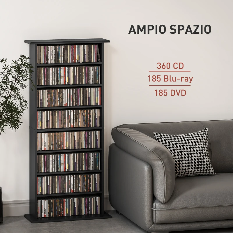 HOMCOM Scaffale Porta CD con 6 Ripiani Regolabili, Capacità di 360 CD/185 DVD, 58x24x124.5 cm, Nero