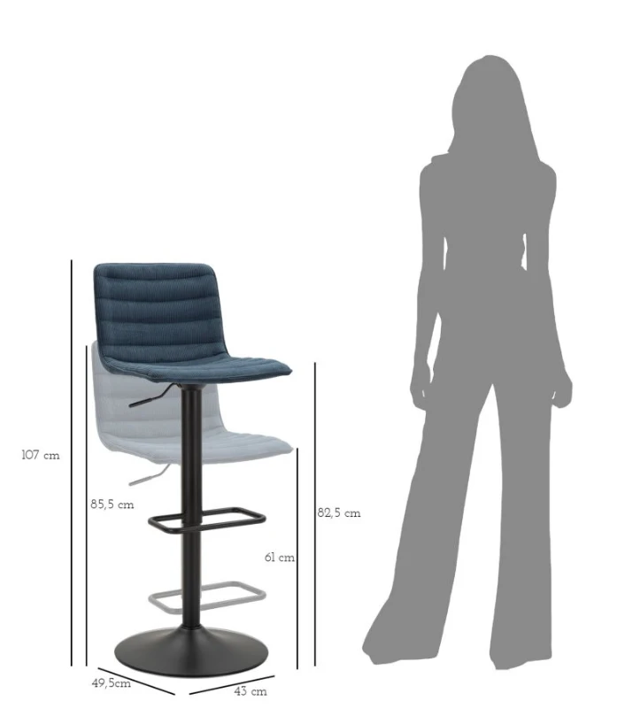 Mauro Ferretti  Scaun De Bar Înalt Negru Si Albastru cm 43X49,5X85,5-107 (Saz cm 61-82,5) Set 2 Bucati