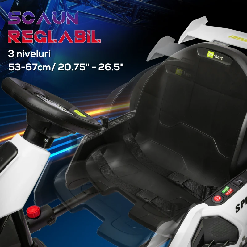 HOMCOM Kart electric pentru copii scaun reglabil Drift Go-kart claxon lumini muzica alb pentru copii pentru plimbare pentru distractie echilibru(m-6)