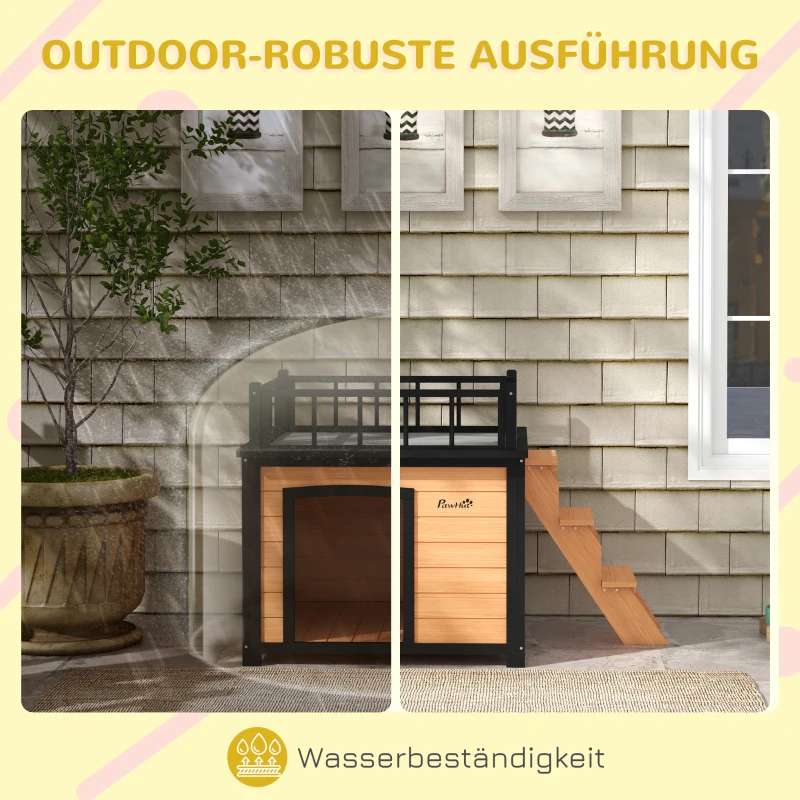 PawHut Hundehütte mit Dachterrasse, wetterfest, Holz, 121x77x78cm, Schwarz/Gelb(m-6)