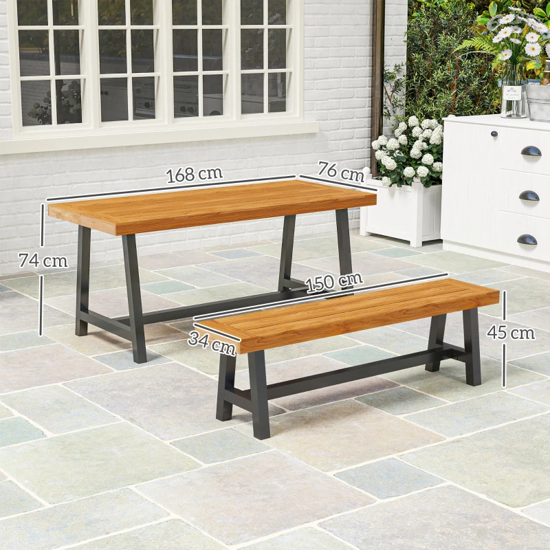 Outsunny Sitzgruppe 3-teilig Holz Essgruppe für 4 Personen Esstisch mit 2 Bänke Teak