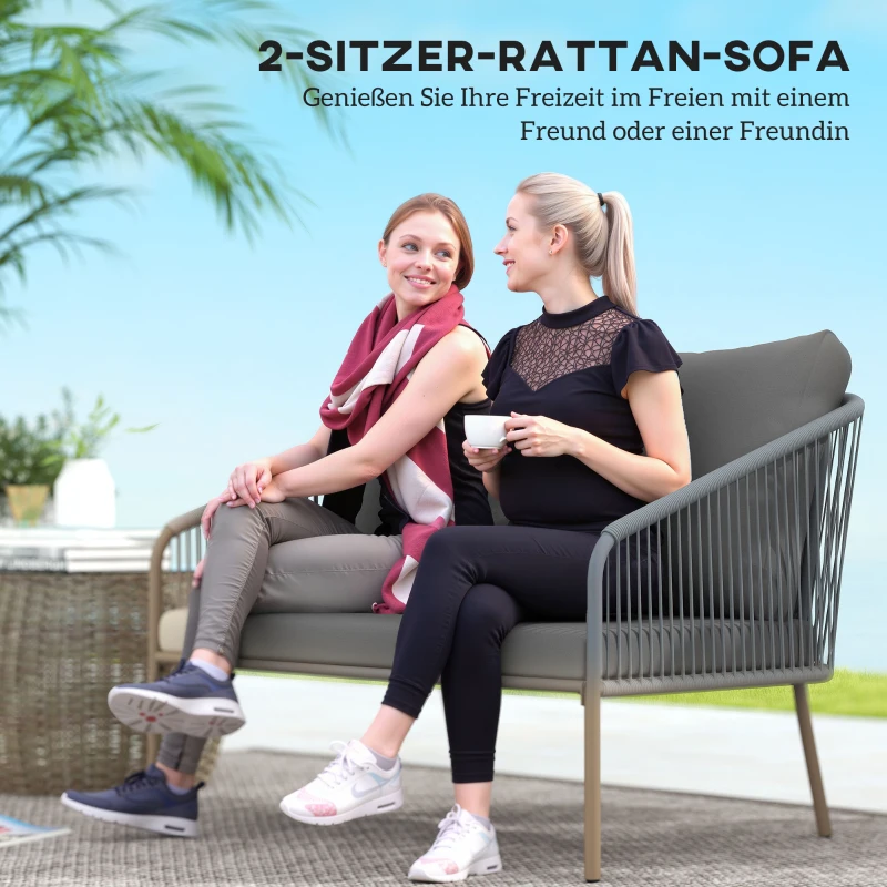 Outsunny Tuinbank met Kussens 2-Zits Rattan Sofa Lounge Sofa voor Buiten - Balkon Sofa 112 x 72 x 76 cm Grijs