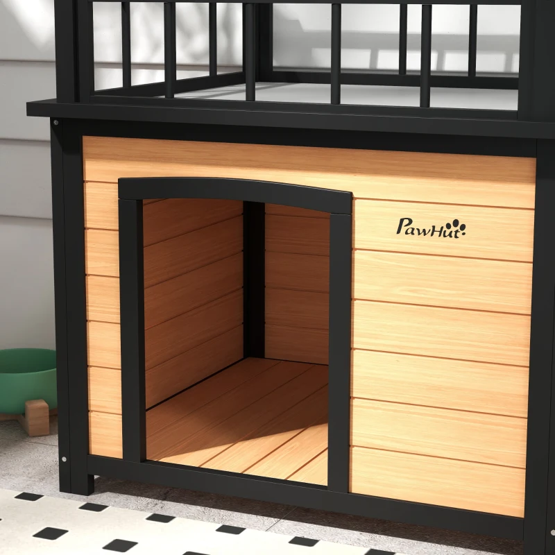 PawHut Hundehütte mit Dachterrasse, wetterfest, Holz, 121x77x78cm, Schwarz/Gelb(m-9)