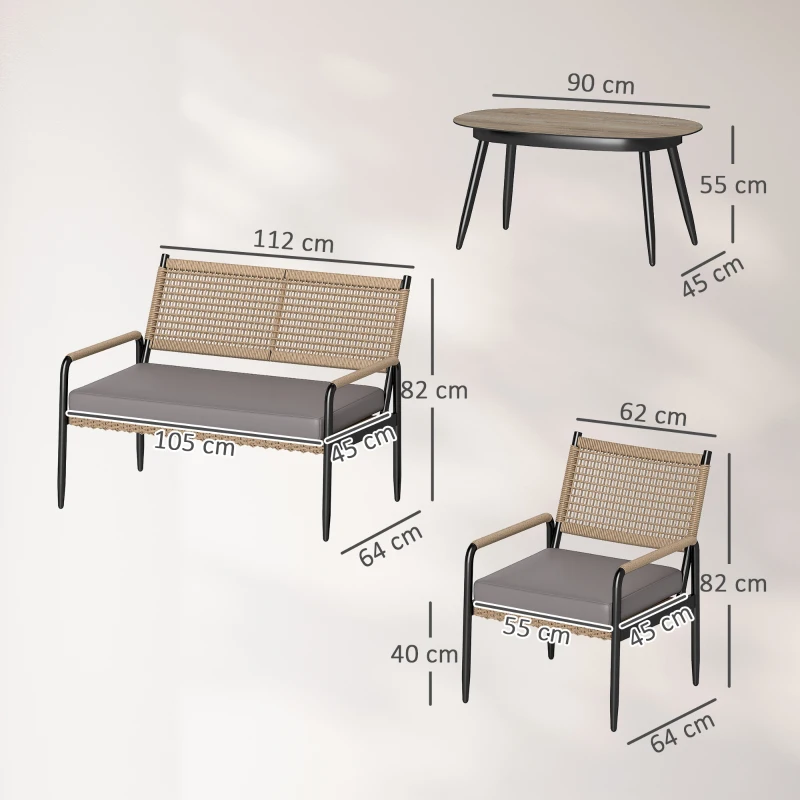 Outsunny Gartenmöbel Set aus Polyrattan Lounge-Set mit 2er Sofa Sessel Glastisch Kissen für 4 Personen Dunkelgrau+Gelb