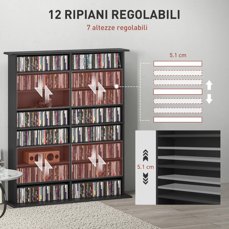 HOMCOM Mobile Libreria porta CD a 16 Ripiani dal Design Moderno in Legno, 106.5x24x126.3 cm, Nero