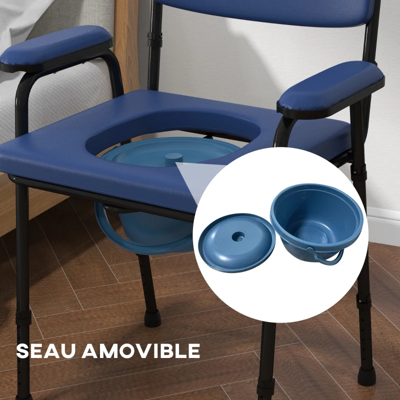 HOMCOM Chaise percée toilette multifonctions seau amovible hauteur réglable avec dossier siège et accoudoirs rembourrés bleu(m-7)