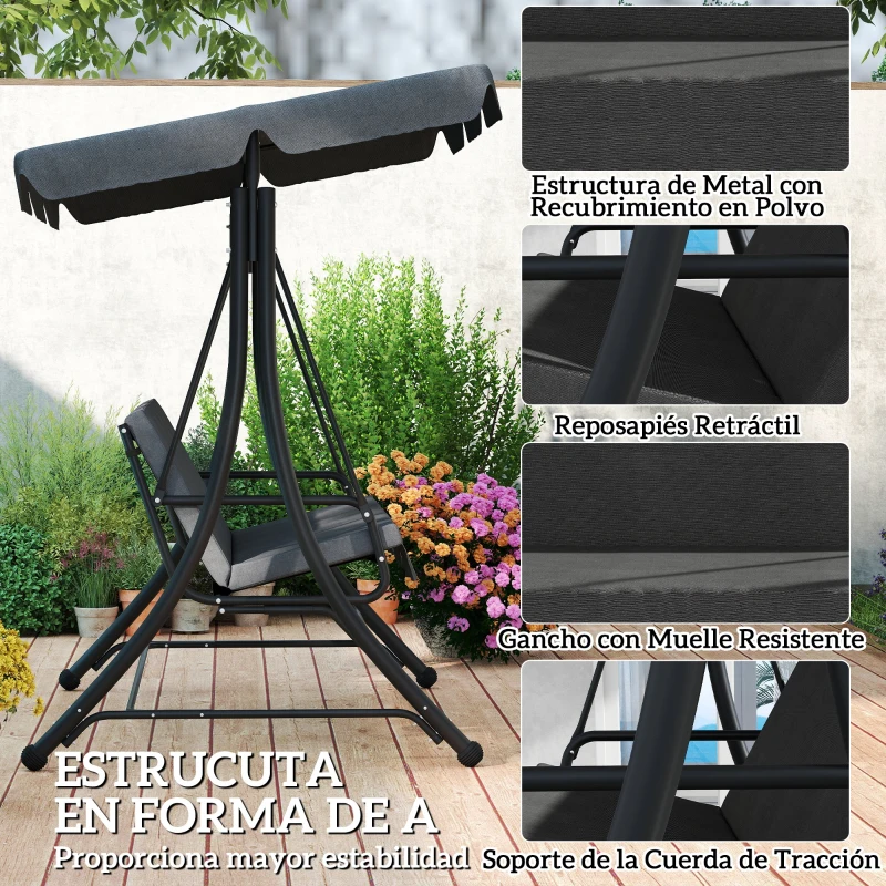 Outsunny Columpio de Jardín de 3 Plazas con Toldo Ajustable Reposapiés Retráctil y Cojines Carga 330 kg 200x127x170 cm Gris
