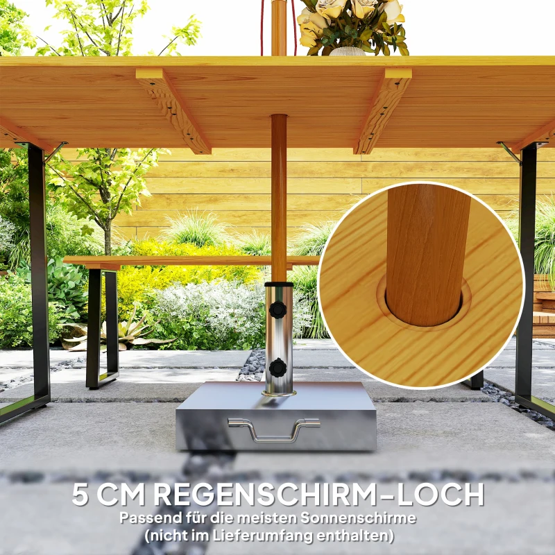 Outsunny 3-delige houten zitgroep voor 6 personen met eettafel en 2 banken, parasolgat, 178 x 76 x 77 cm, natuurlijk hout