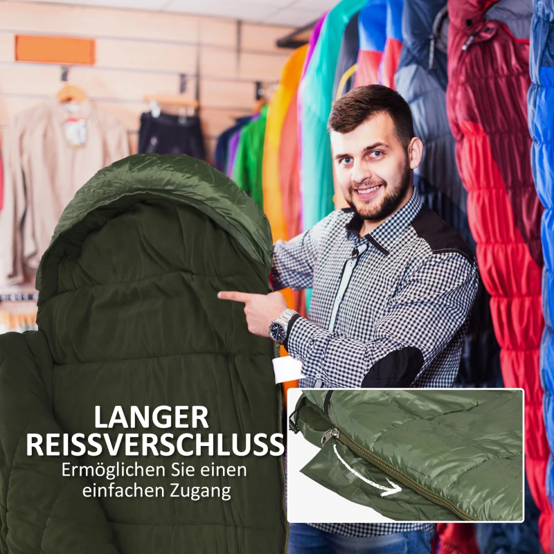 Outsunny Schlafsack, wasserdicht, leicht, gefüttert, Isolierung bis -20° C, 200L x 85B x 15H cm, Dunkelgrün